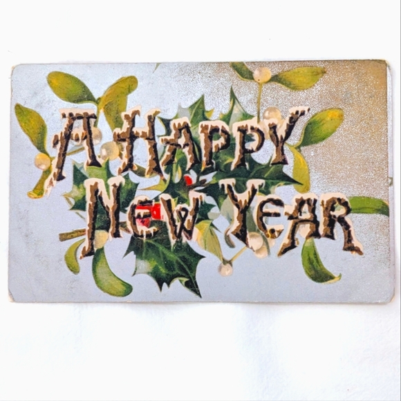 Holiday A Happy New Year Large Letters with Holly Vintage Postcard - Picture 1 of 3